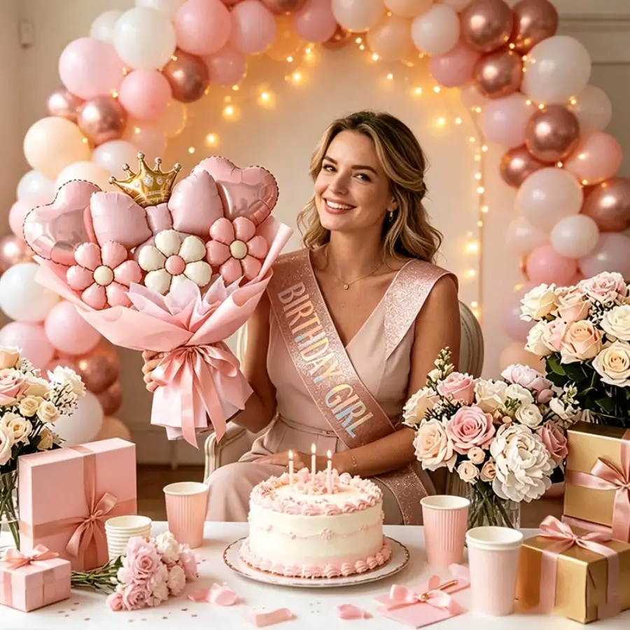 7-teiliges Mattes Rosa Ballon-Bouquet-Set, DIY Blumenstrauß Folienballons für Hochzeit Geburtstag Jubiläum Party Dekoration