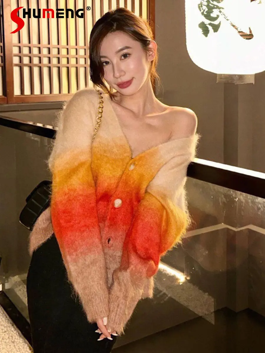 

French Style High Gradient Color Sweet Sweater Jacket Women 2022 New Autumn Winter Sweaters Idle Style Mohair Knitted Cardigan