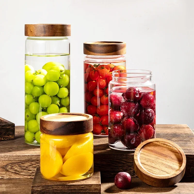 Acacia Wood Glass Storage Jar,Kitchen Storage, Orange Peel,Multi-grain Sealed Jar,Food Grade Glass Bottle, Household Storage Jar