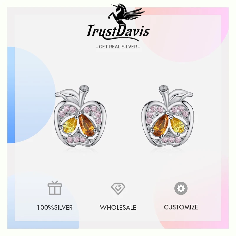 Trustdavis Real 925 Silver Fashion Cute Apple Multicolor Zirconia Earrings for Women Daily Wear Jewelry Gift DS4305 6