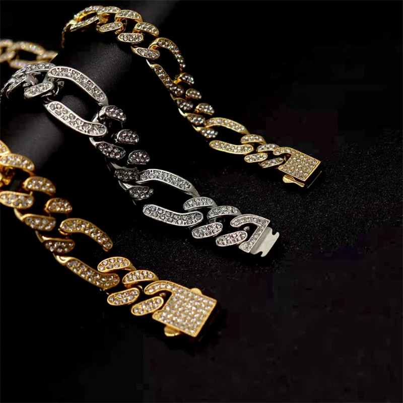 Hip Hop Bling Iced Out Stainless Steel 3:1 Figaro NK Cuban Link Chain Bracelets for Men Rock Jewelry Gold Silver Color Gift
