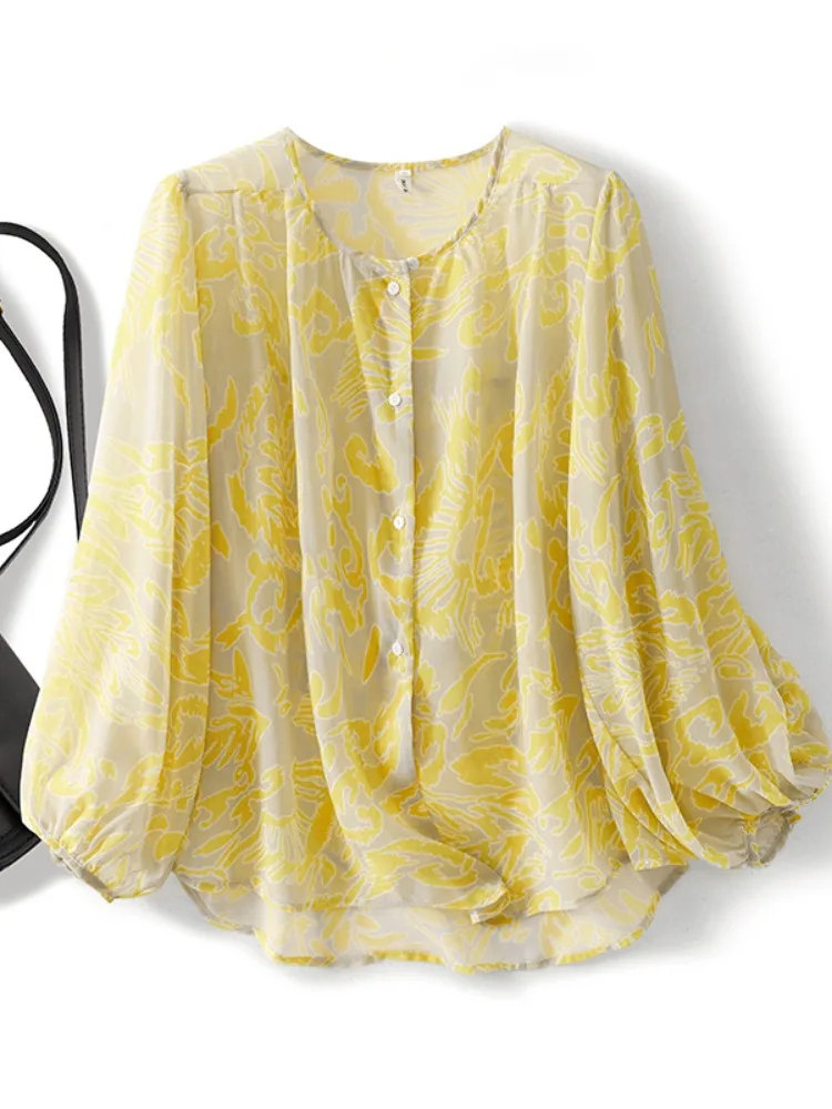 

Elegant Floral Print Silk Chiffon Shirt Women's Spring Summer Slimming Sun Protection Beautiful Thin Lace up Top Commute Style