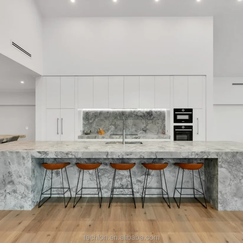 

Customized High Gloss Kitchen Arc Island Bar And PET Kitchen Cabinet Matte Design Kitchen