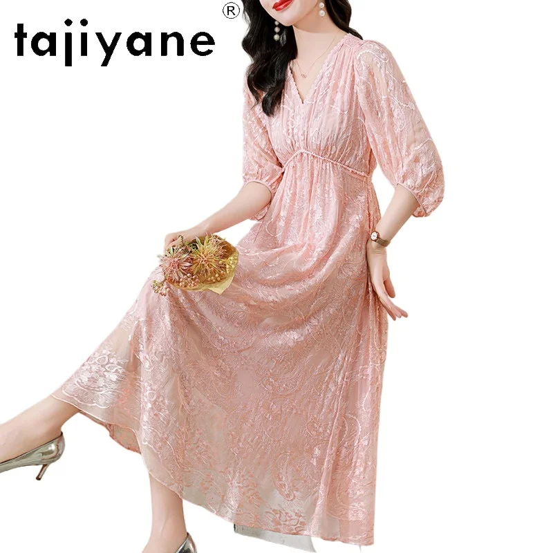 

TAJIYANE 100% шелковое летнее платье из тутового шелкопряда для женщин, элегантное длинное платье с V-образным вырезом и рукавами-фонариками, для отпуска, 2026, женская одежда, лето