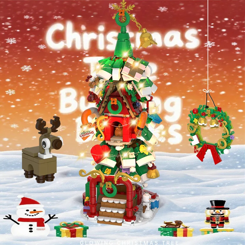 820PCS 24 in 1 Christmas Tree Building Blocks with LED Light Sleigh Elk Model Decorations Bricks Toys Christmas Gift Home Decor