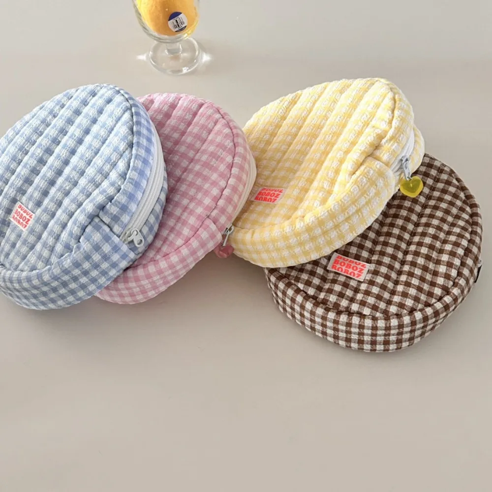 Borsa per cosmetici rotonda Ins Borsa per cosmetici scozzese in stile coreano di grande capacità Borsa per monete Borsa per cancelleria Portamonete in cotone da viaggio