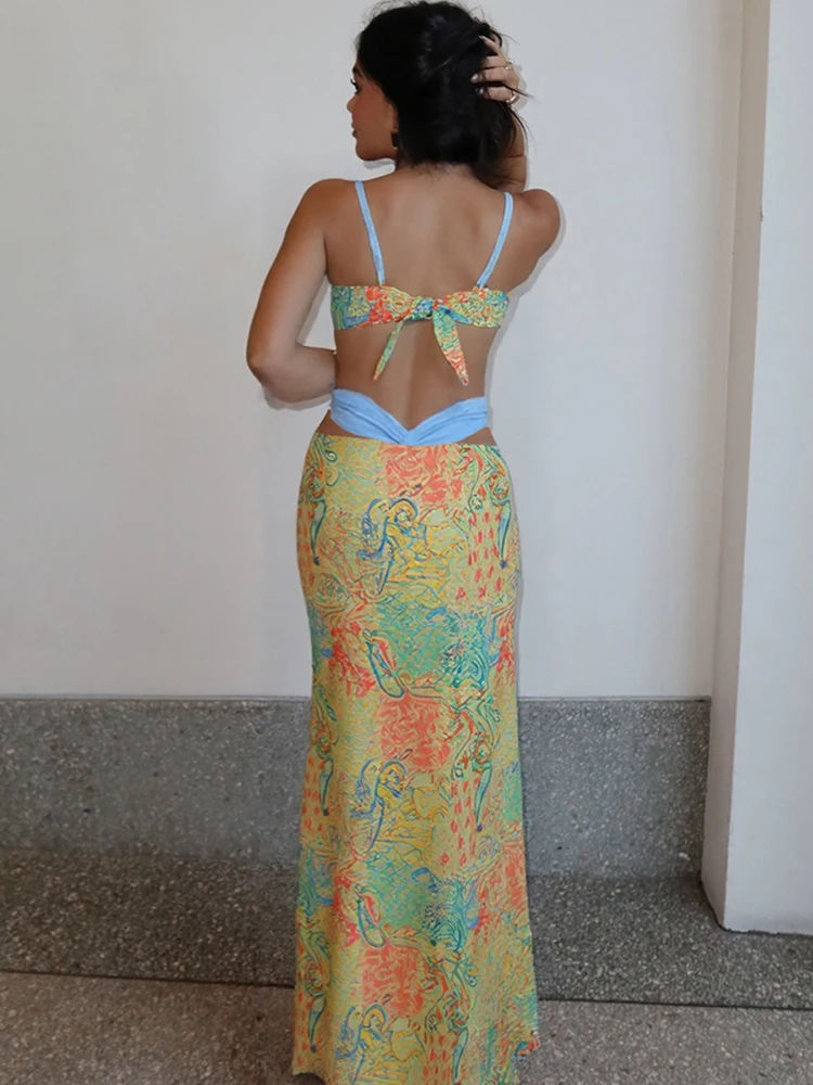 

Macheda Fashion Print 2 Piece Set Women Contrast Patchwork Bra Tops+High-Waist Hollow Skirts Summer Holiday Beach Party Suits