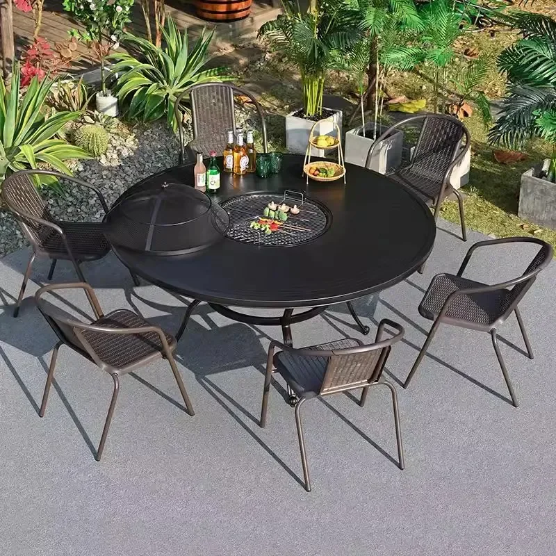 for Outdoor Electric BBQ Dining Table Set Cast Aluminum Wrought Iron Garden Patio Furniture Home Leisure Combination Grill