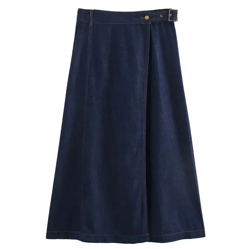 TRAF Pareo Denim Skirt Woman Blue Jeans Long Skirt Women Summer High Waist Slit Skirt Y2k Streetwear Eleganckie spódnice damskie