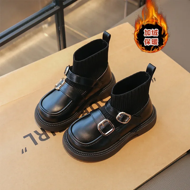 New Kids Sock Boots Girls Fashion Princess Leather Boots Student Non-Slip Mid-Calf Short Boots Children Trendy All-Match Shoes