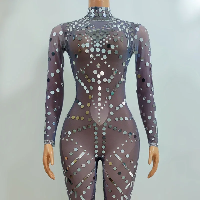 New color sequins splicing neck V-shaped halter zipper slim long sleeve diamond one-piece