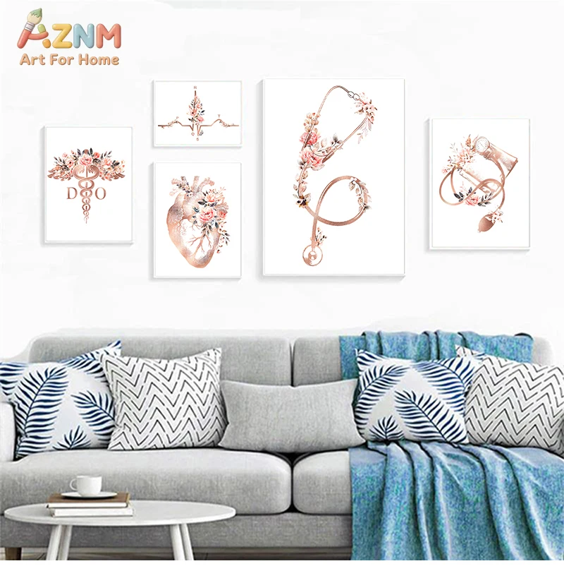 AZNM Rose Gold Floral Medical Canvas Wall Art, Stethoscope Anatomical Heart Caduceus Nurse Doctor Clinic Home Wall Decor Unframe