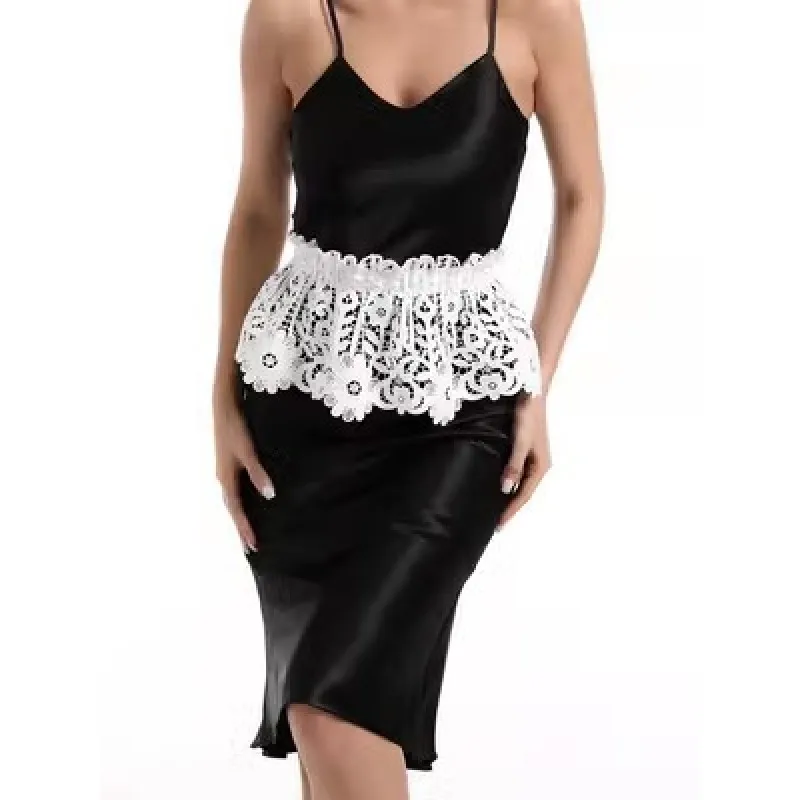 Black water-soluble lace elastic waist cincher, elegant and stylish, with D-ring adjustable waistband