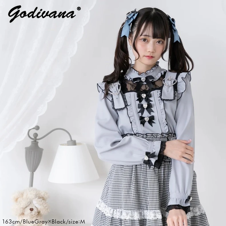 Camisa Lolita feminina com laço bonito, Tops de folhas de lótus, manga comprida, tops de meninas, mina japonesa, primavera e outono