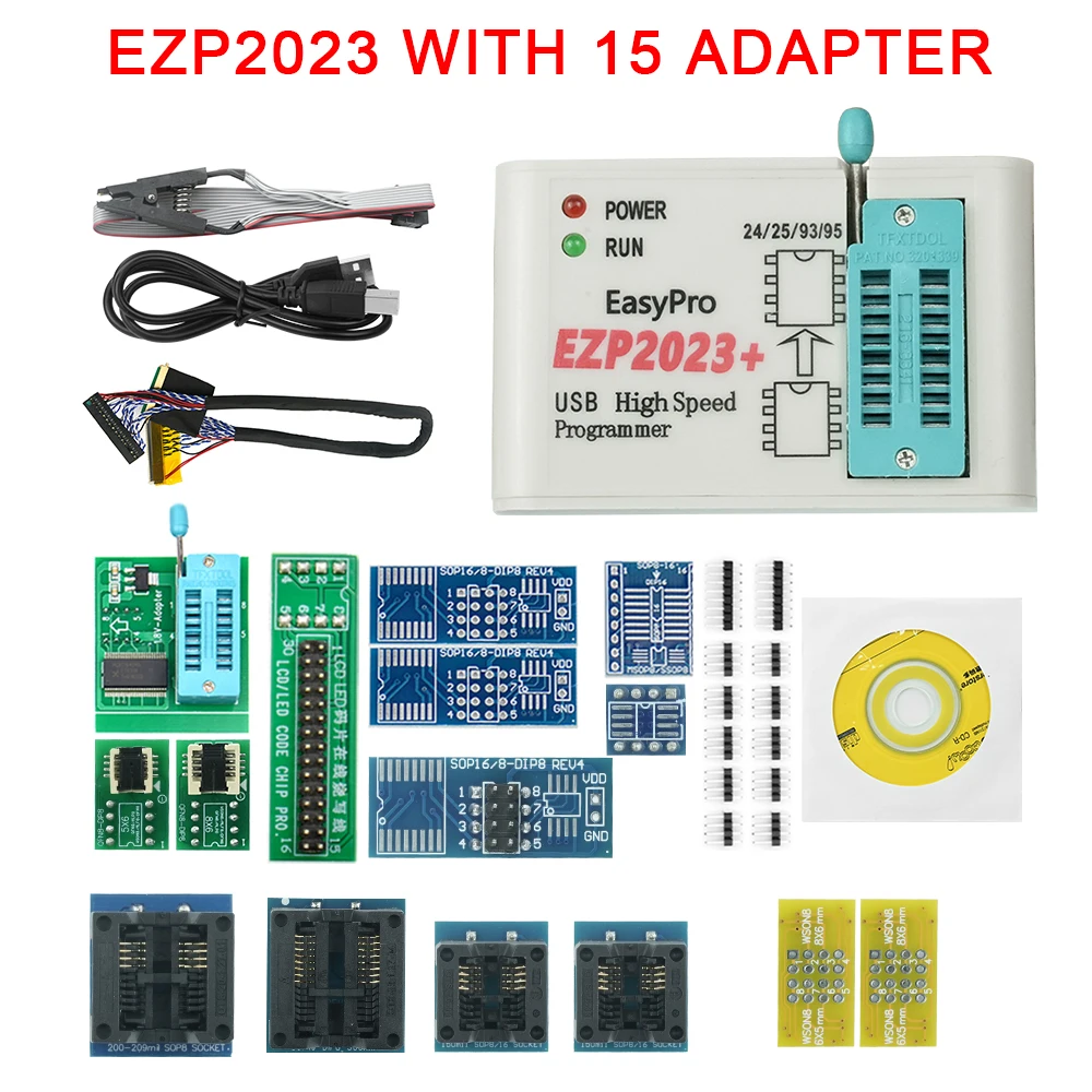 مبرمج USB SPI عالي السرعة EZP2023 + 18 محولًا يدعم 24 25 26 93 95 EEPROM 25 شريحة Flash Bios أفضل من EZP2019
