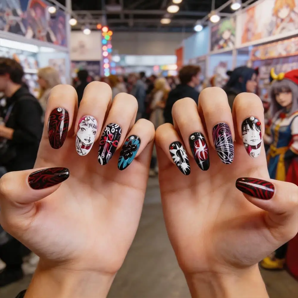 Detachable Almond Shape Nail Art Set With Tools Wearable Exquisite Pearl Nail Gothic Comics Dark Wind Flashing Diamond Nail Art