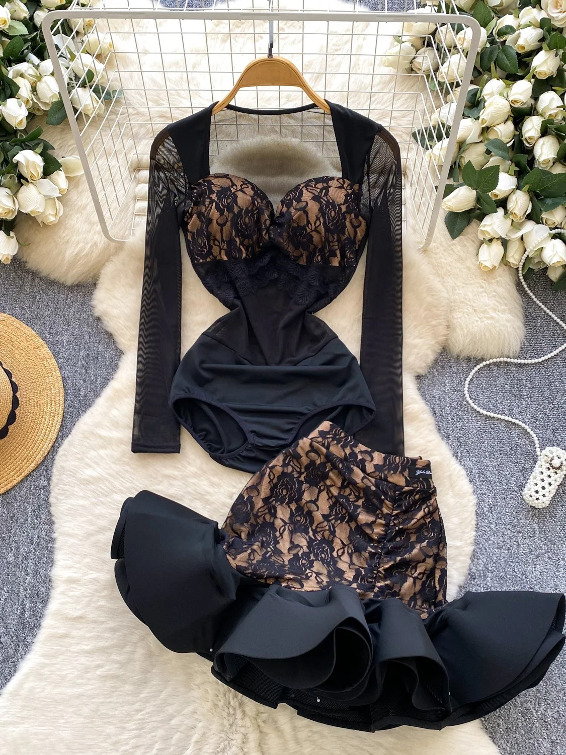 

Faionable Sexy Lace Splice Long Sve Me Jumpsuit f Skirt Set Women's High Waist Gathered mid Weight Two Piece Suit