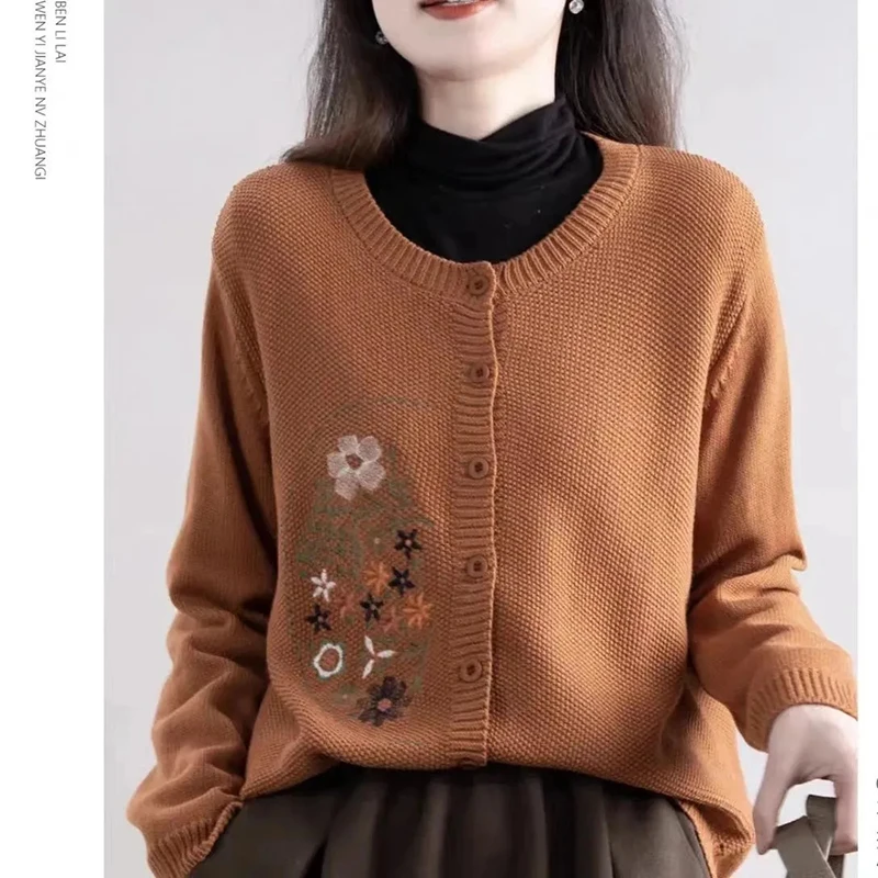 Embroidery Flower Printing Knit Cardigan For Women Autumn Solid Color Long Sleeve Top Classic Middle-aged Motheroversized Sweate