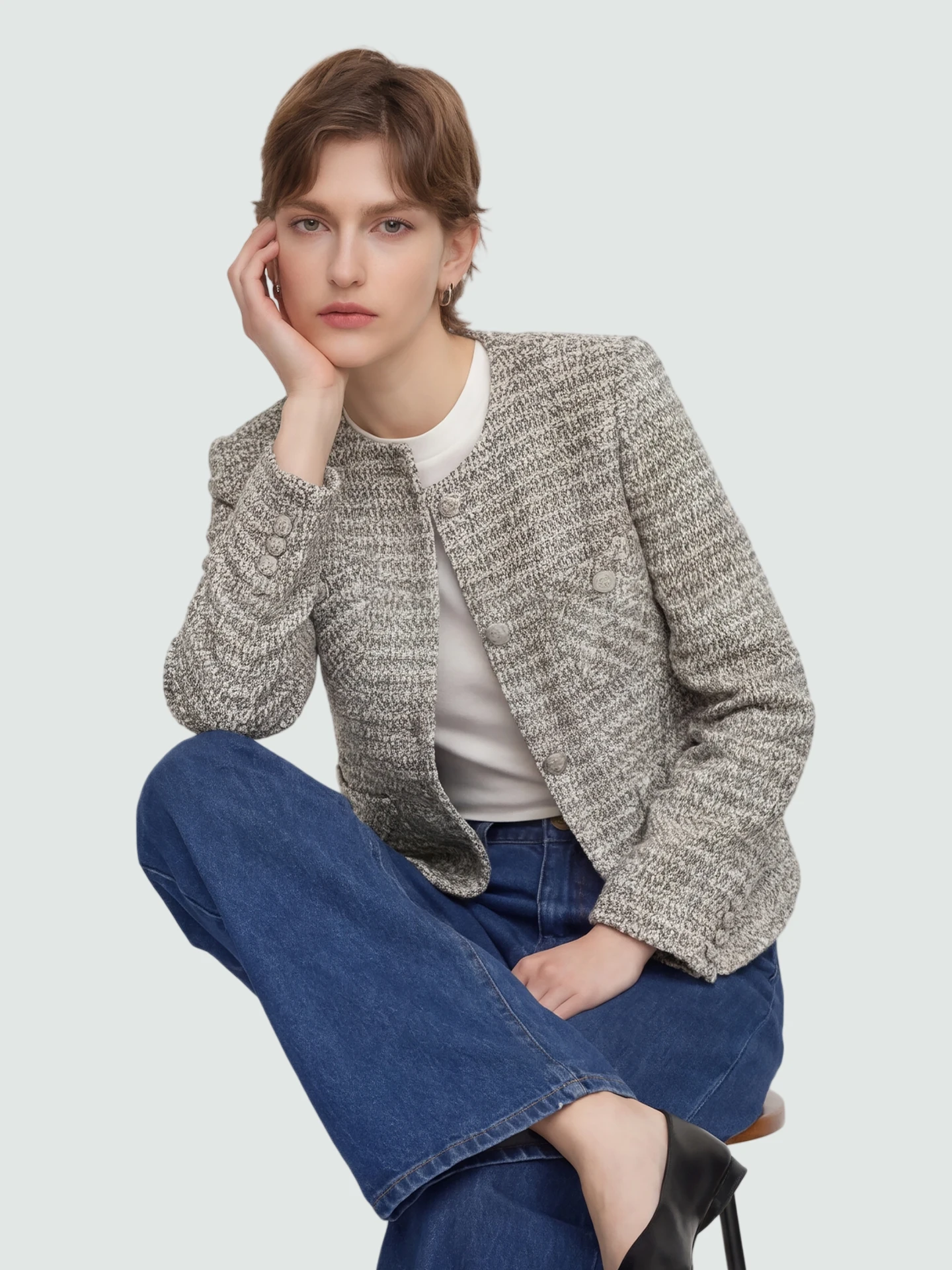 

ort Nel Boucle Jaet for Women Spring Season Polyester Wool Blend Long Sve round Ne Button Closure