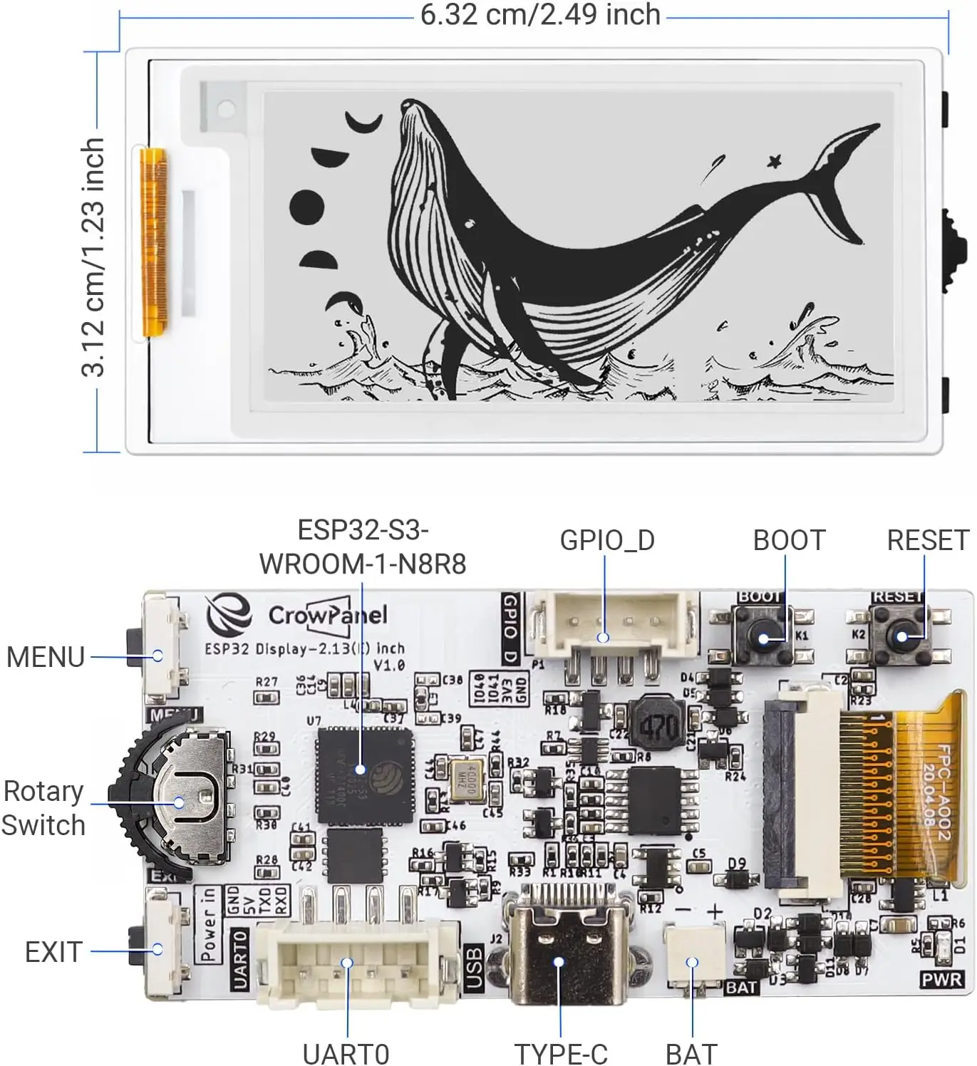 ELECROW ESP32 E-Ink Display 2.13 Inch E-Paper HMI Display Black/White Color