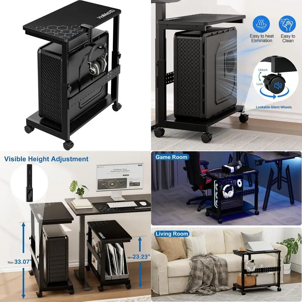 

Черная двухуровневая регулируемая подставка для компьютера с ковриком для мыши и держателем для наушников — тележка для ПК под столом для домашнего офиса и игр