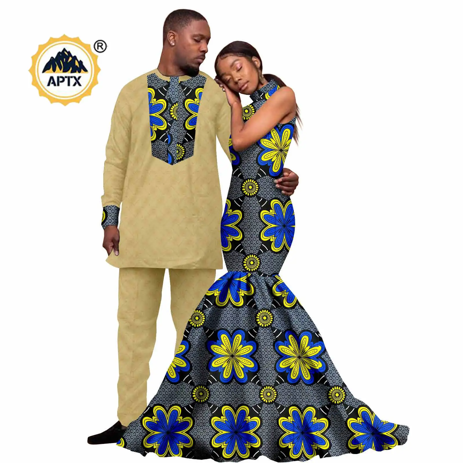 African Print Long Mermaid Dresses for Women Matching Couples Outfits Dashiki Men Patchwork Top and Pant Sets Bazin Riche 24C022