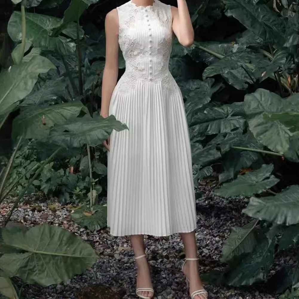 

Vietnamese niche designer 2025 summer white water-soluble lace embroidered beautiful long skirt pleated skirt-GZXX689