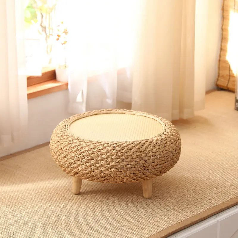 Japanese Hand Woven Rattan Round Coffee Table with Storage for Living Room Tea Table