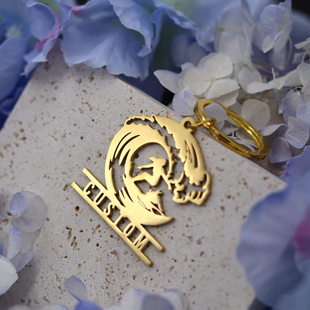 Sea Wave Skimboarding Pendant Keyring Jewelry Personalize Name Holder Stainless Steel Golden Keychains Sport Lover Birthday Gift