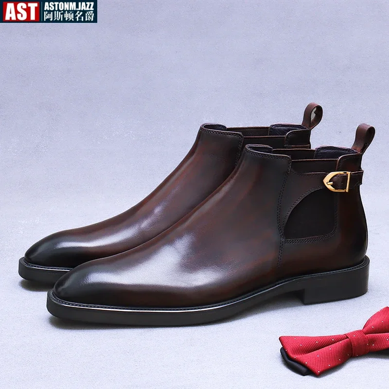 British Style Chelsea Boots Men Ankel Boots Fashion Buckle Retro Business Dress Boots Antumn Bota Masculina Plus Size 37-46