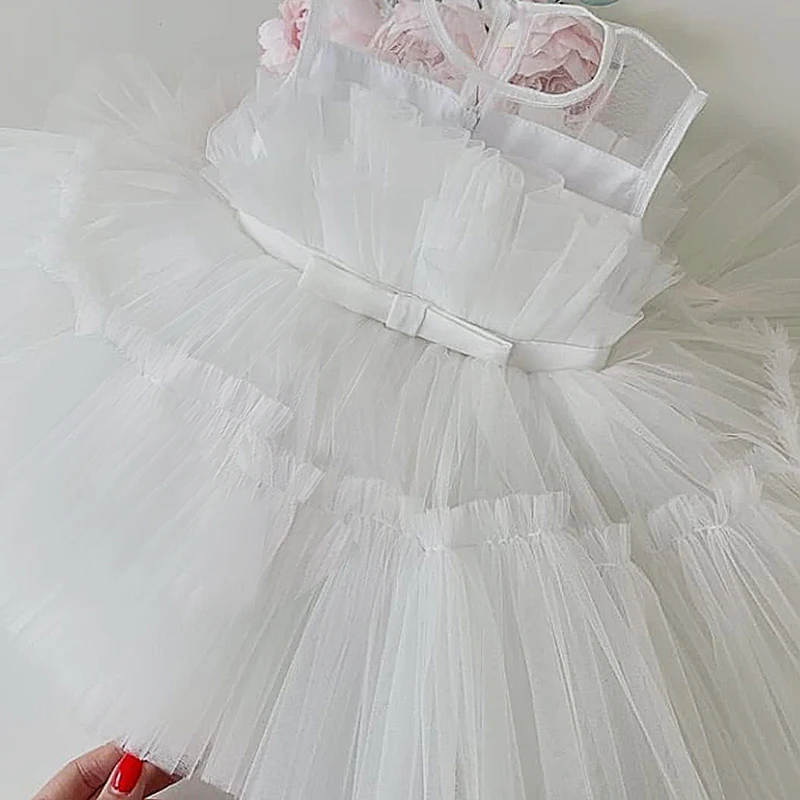 Baby Girls Fluffy Dress for Wedding Princess 1st Birthday Dress Sleeveless Bow Tulle Gown Toddler Kids Ceremony Party Costume