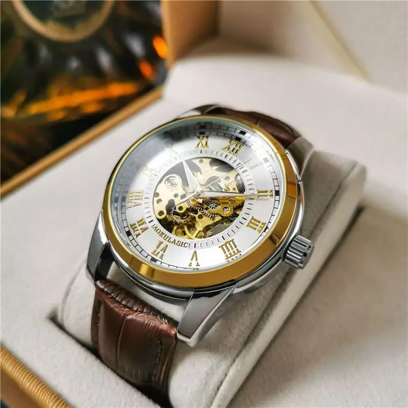 Elegant Men's Automatic Mechanical Watch with Skeleton Design - Leather Strap, Roman Numeral Dial, Automatic Movement, Perfect for Business and Casual Wear, Ideal Gift for Young Men, Business Casual Men's Watch | Skeleton Watch with Hollow Design | Durable Watch, Watch Accessories, No Battery