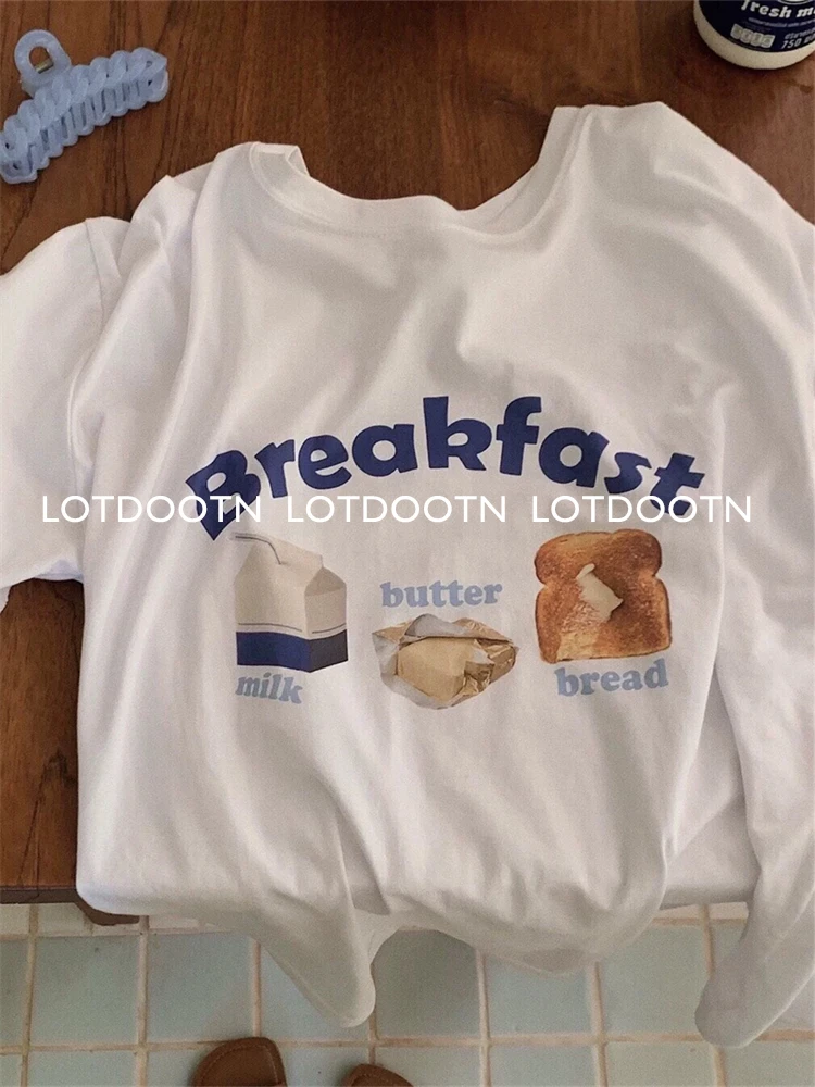 LOTDOOTN-camisetas con estampado de desayuno para mujer, ropa de calle de manga corta con cuello redondo, Harajuku japonés, 100% algodón