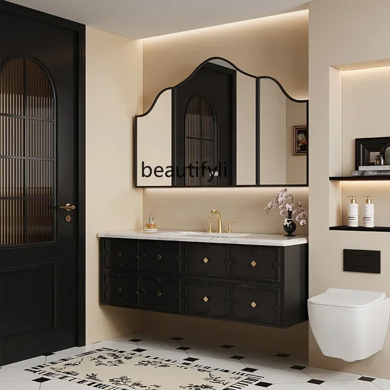 

A French retro bathroom cabinet combined rock slab integrated basin light luxury washing table wash basin cabinetHY