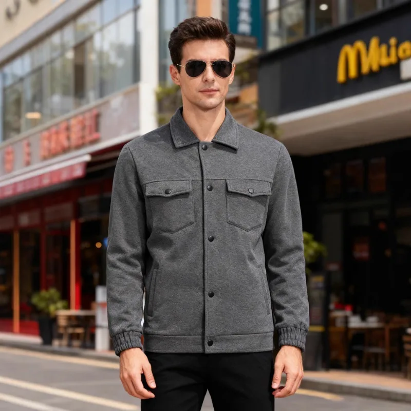 

New Men's Winter Fleece Jacket Lapel Long Sleeve Windproof Breathable Solid Color Jacket