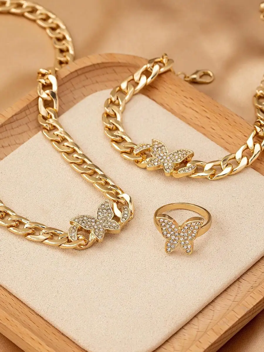 

3pcs Butterfly Rhinestone Chain Necklace Bracelet Ring Set For Women