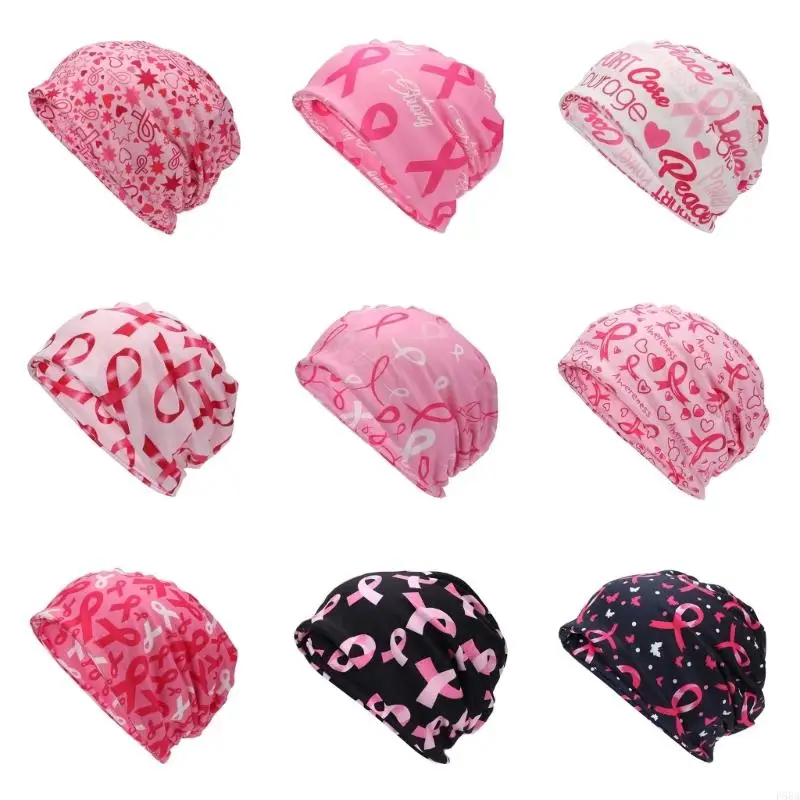 

P88A Fashionable Breast Cancers Awareness Headwrap Hat Ribbon Print Skull Hat Headwear