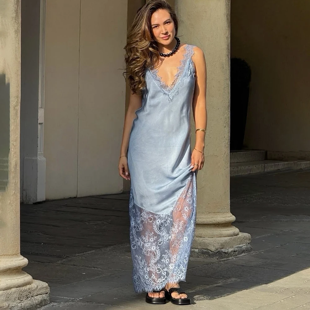 Ticketsx Sexy Lace Patchwork Dress Women V Neck See Through Sleeveless Long Dress Elegant High Street Backless Evening Dress