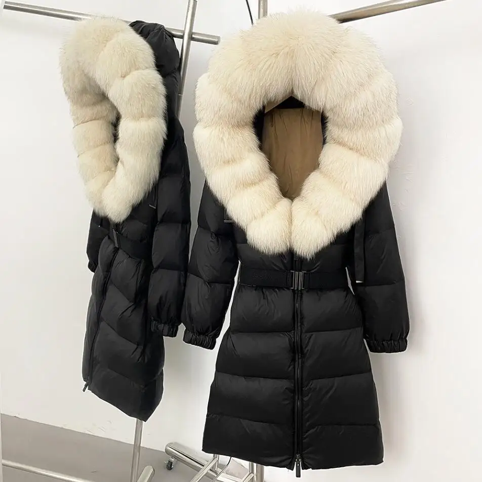 Delle nuove donne di Spessore Caldo 90% Piumino D'anatra Bianca Cappotto Lungo Giacca Invernale da Donna Reale Grande Pelliccia di Volpe Cintura Del Collo Allentato Piumino Parka