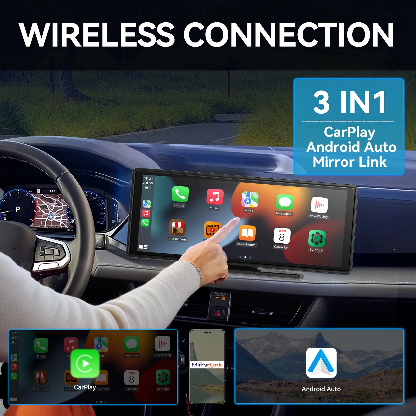 Pionray 10.26 بوصة المحمولة 4K سيارة DVR اللاسلكية Carplay و أندرويد السيارات لتحديد المواقع والملاحة مسجل فيديو لوحة القيادة عدسة مزدوجة واي فاي FM