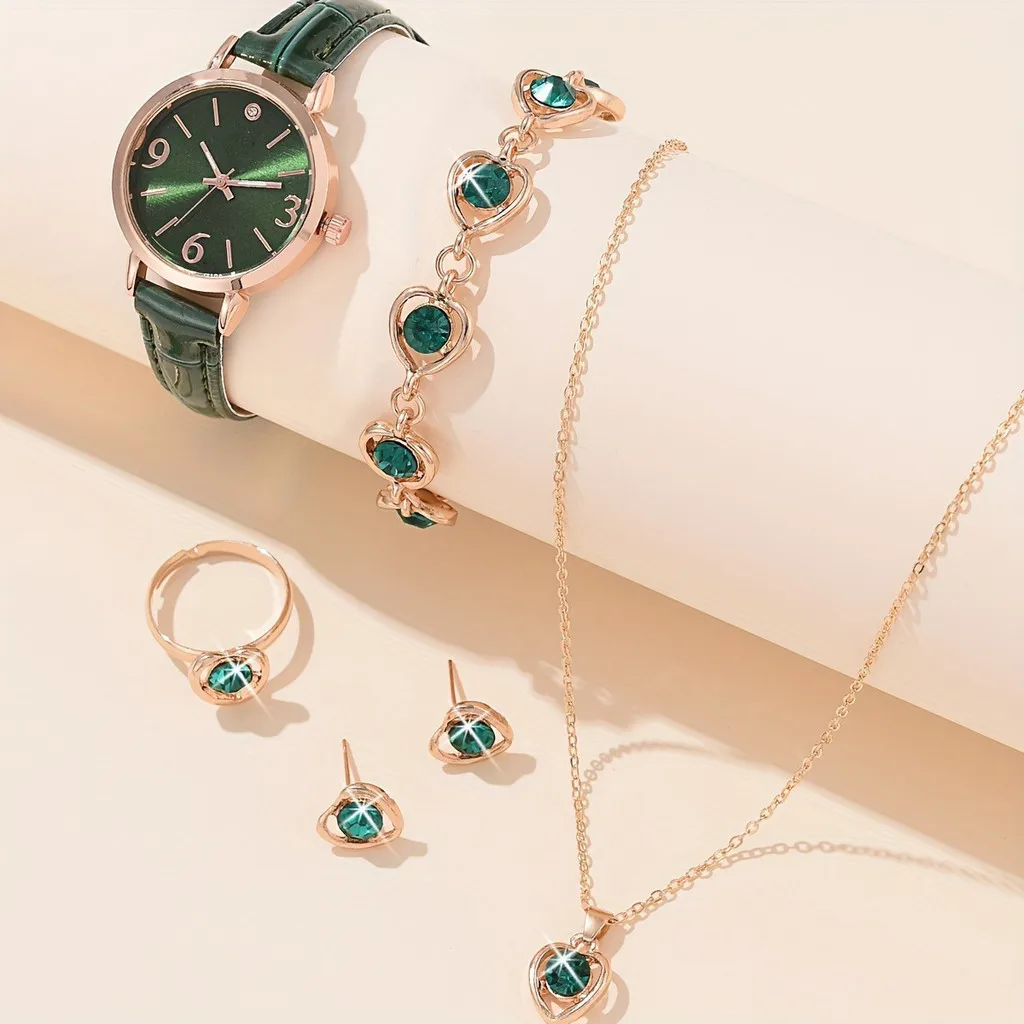 Kegllect-Reloj de 6 piezas para mujer, conjunto de regalo, resistente al agua, verde, joyería de lujo, redondo, moda, cumpleaños, sin caja