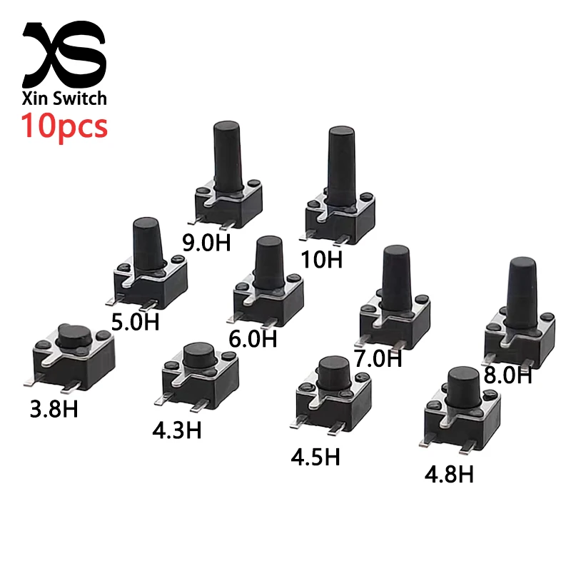 10Pcs 4.5x4.5 Tact Switch (Side 3Pin Dip) 4.5*4.5*3.8/4.3/4.5/4.8/5/6/7/8/9/10mm Self-Reset 12V 50mA Small Push Button Switches