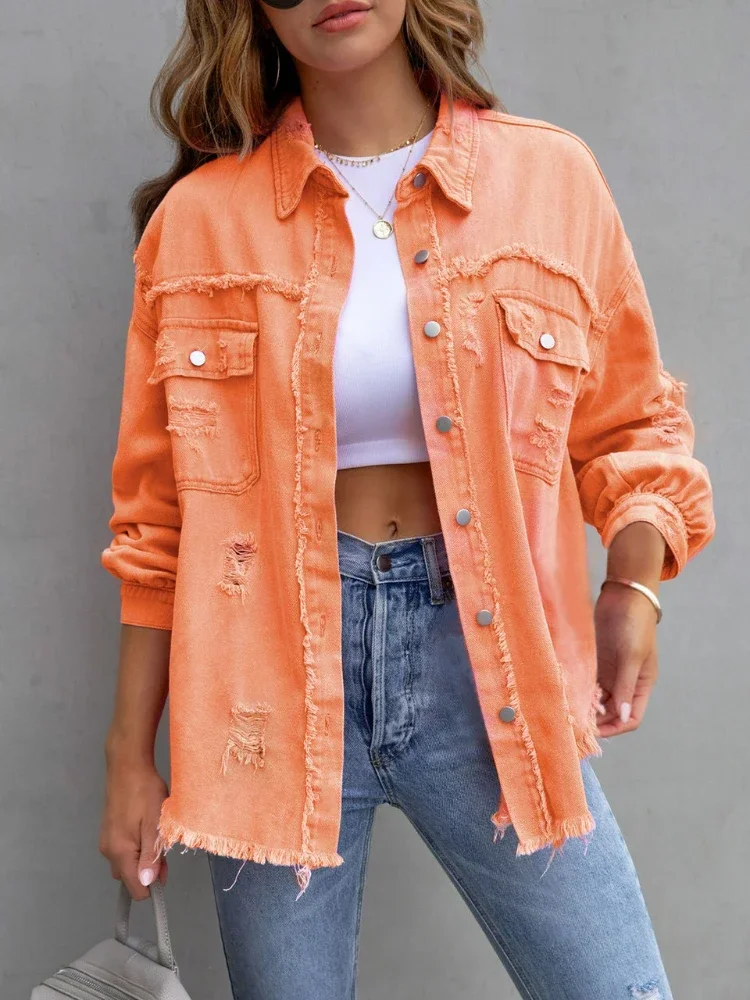 

2024 New Denim Jacket with Rough Edges and Holes for Women Spring and Autumn Temperament Casual Lapel Jacket Denim Jacket Women