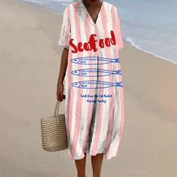 Pink Beach Long Dress Women's Print A-line Linen Dress Bohemia Seafood Lover Clothes Short Sleeve Baggy Maxi Mini Dresses