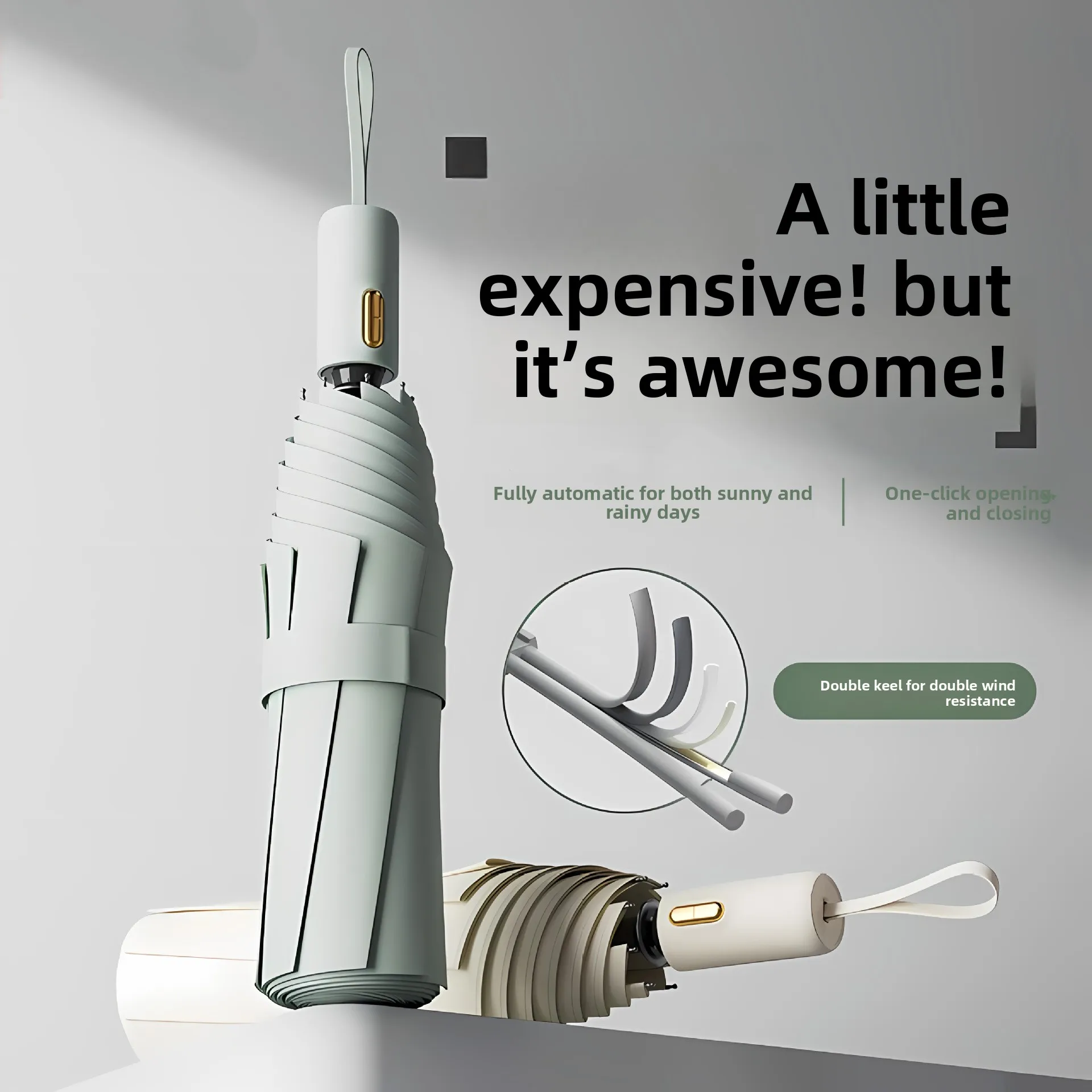 

Automatic Sunny & Rainy Umbrella, Thickened Black Glue Sun Umbrella, Portable UV Protection Umbrella with Gold Bar Handle