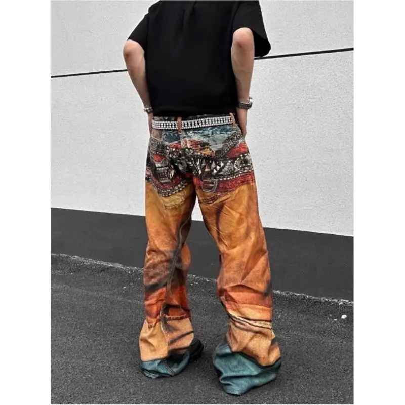 American High Street Trendy Brand Men's Loose Straight Casual Pants Yellow Denim Jeans Digital Printing Fake Hole Casual Wear