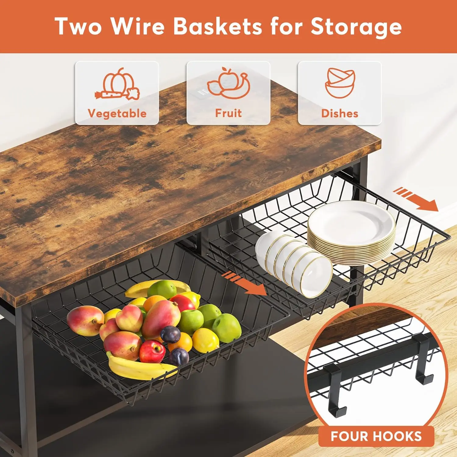 Kitchen Island with Storage, Industrial Island Table with Power Outlets and Wire Baskets, 3 Tier Microwave Oven Stand