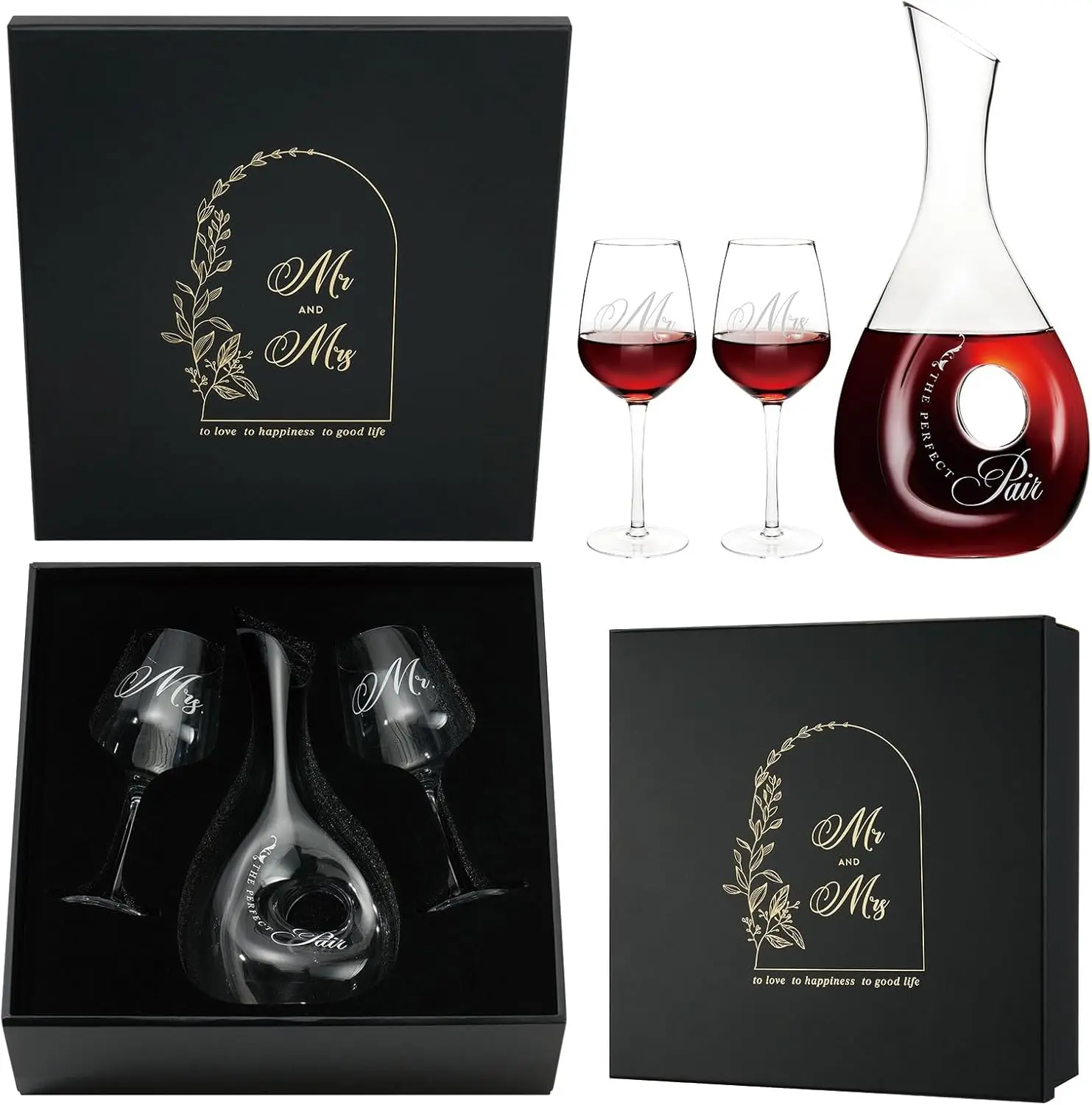 

Mr and Mrs Wine Glasses for Wedding Bridal Shower Engagement Gifts, Wedding Glasses with Wine Decanter for Couples Newly