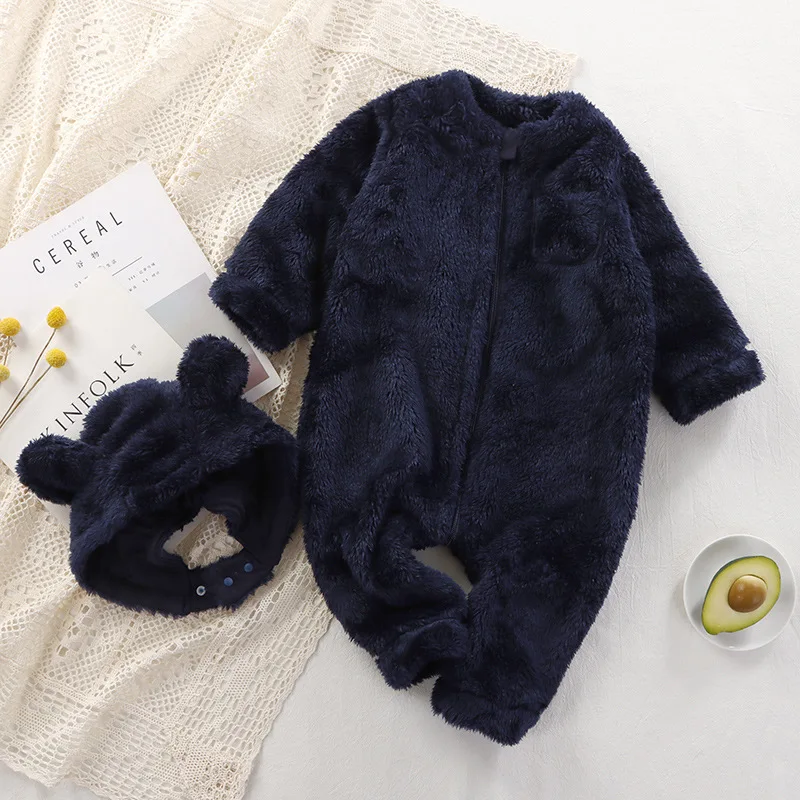 Fleece Baby Jumpsuit Hat 2pcs Autumn Winter Newborn Romper Infant Loungewear Soft Warm Toddler Onesie Kids Girl Boy Clothes