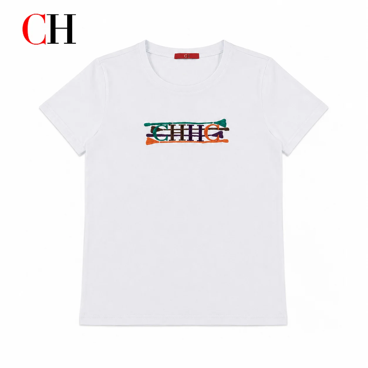 CH Women's White T-shirt With Colorful Embroidered Letter Pattern Round Neck Short Sleeves Casual Summer Fashion Top